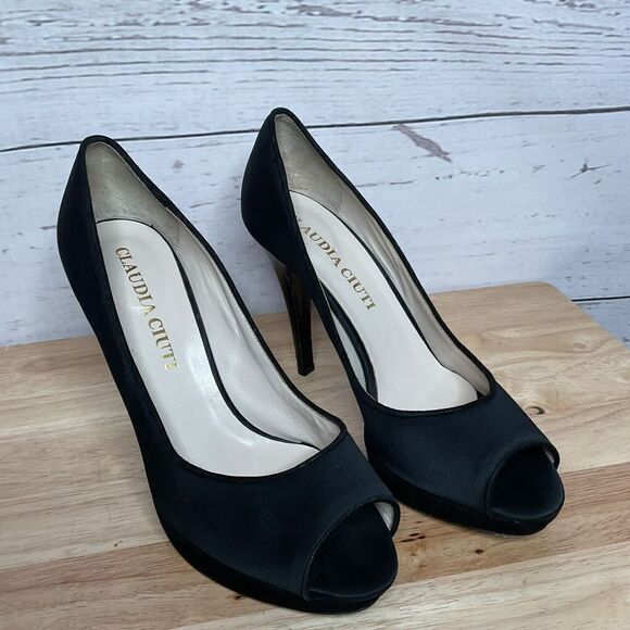 CLAUDIA CIUTI Black Satin Pumps Open Toe Heels Size 9,5 M Italy Perfect - Picture 10 of 12